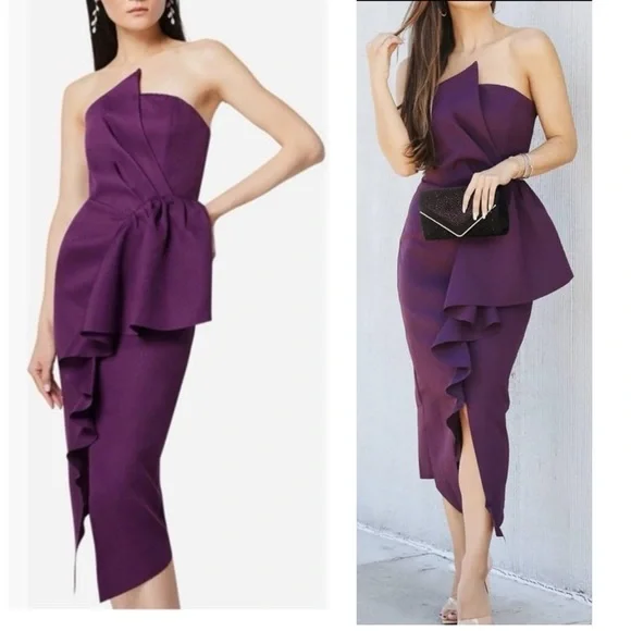 Elliatt Reception Cascade Ruffle Strapless Structured Cocktail Midi Dress Small - Picture 7 of 16